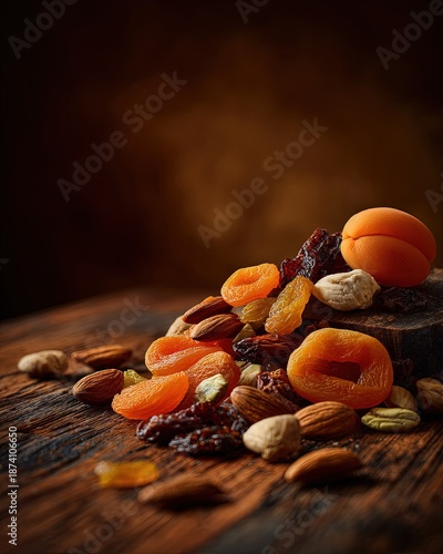 Assorted Dried Fruits And Nuts On Wooden Table