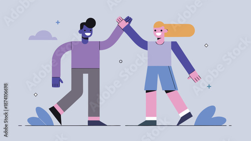 Two men shaking hands with the text Great Job displayed above them, symbolizing a successful collaboration..eps