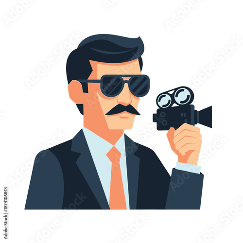 Man in Suit with Sunglasses and Vintage Camera.