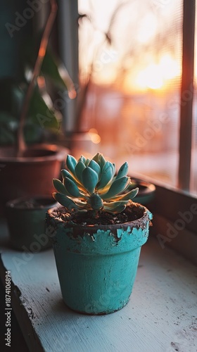 Teal Potted Succulent On Windowsill At Sunset