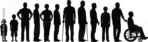 Human life stages silhouette vector illustration showing people aging from childhood to senior adulthood, including disability, wheelchair, healthcare, diversity concept