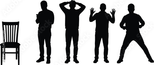 Human reaction silhouettes showing different emotions and body language, standing men near chair, stress confusion surprise confidence poses, behavioral psychology concept vector illustration