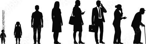 Human life stages silhouettes vector illustration showing growth from childhood to adulthood and old age, family generations, social development and aging concept