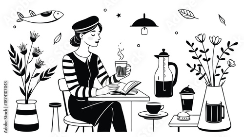 An illustration showcasing an assortment of kitchen items, such as knives, bowls, and a stove, on a kitchen surface..eps