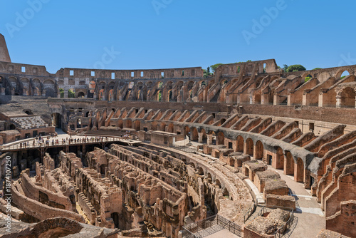 Photography Italy - Rome - Colosseum - Interior panoramic view of the arena floor and tiered seating of the ancient Roman amphitheater ruins