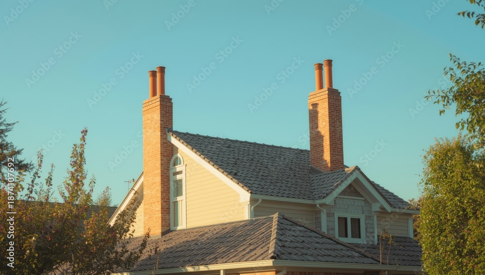 Fototapeta premium Painted brick chimneys of a residential house, emphasizing weathered exterior for preservation focus