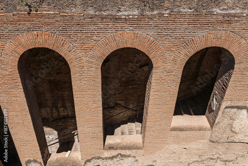 Photography Italy - Rome - Domus Augustana - Ancient Roman brick arches with a detailed brickwork pattern on the Palatine Hill imperial palace ruins
