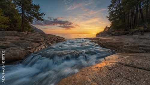 Silky water along a rocky shoreline with pine trees and warm sunset hues highlights natural scenery during summer travels