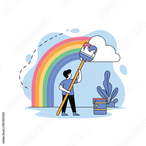 Man painting a vibrant rainbow with a large brush.