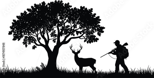 Hunter and deer silhouette under tree in forest scene, wildlife hunting vector illustration for nature, adventure, outdoor sport, and wilderness design concept