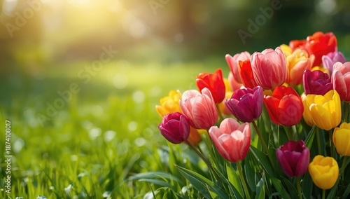 Vibrant tulips arranged in a flower bed emphasizing natural diversity for botanical research, Earth Day