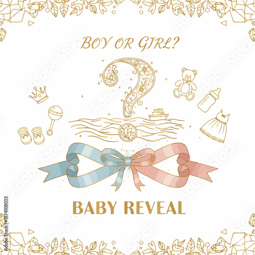 Beautiful baby reveal announcement with blue and pink ribbons and question mark