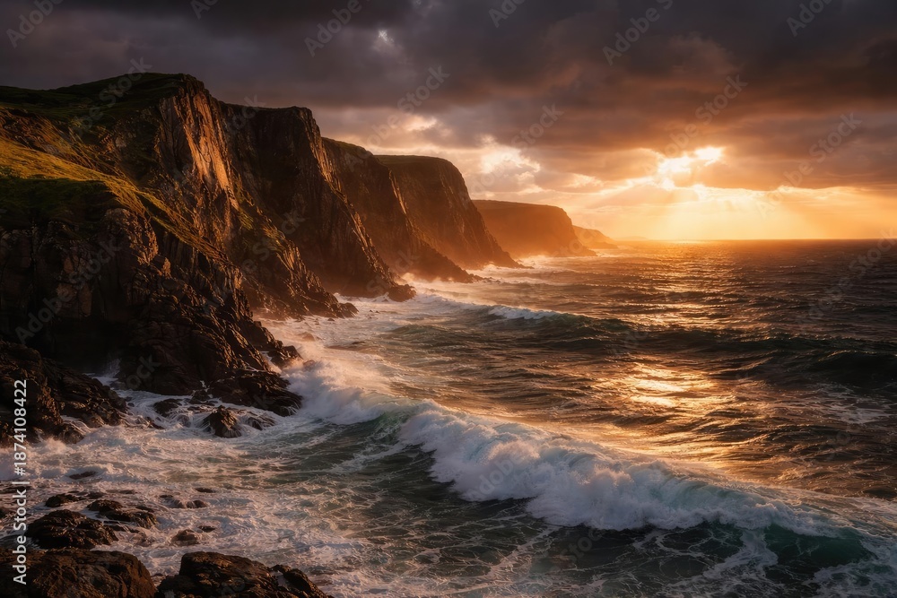 Fototapeta premium Sunset lighting on dramatic seaside cliffs and rolling ocean waves beneath overcast skies