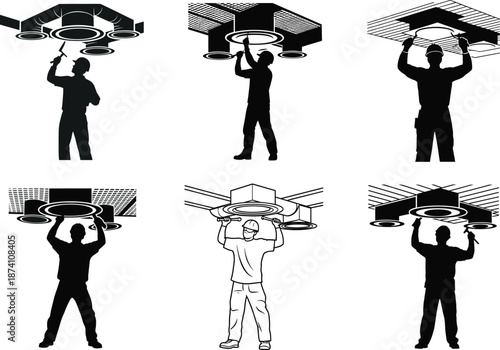 HVAC technician working on ceiling unit, air conditioning repair service, maintenance illustration, indoor climate control, professional ventilation system vector set