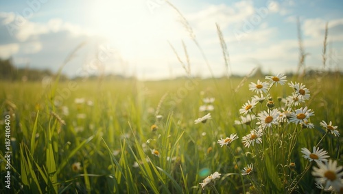 White daisies blooming in a sunlit meadow with green grass and chamomile, suitable for botanical product backgrounds