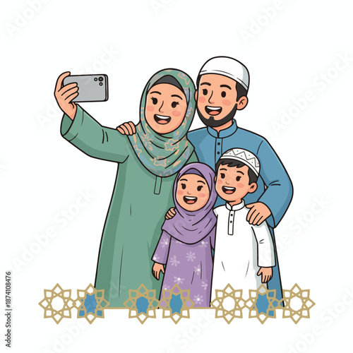 Happy Muslim family taking selfie together on special occasion