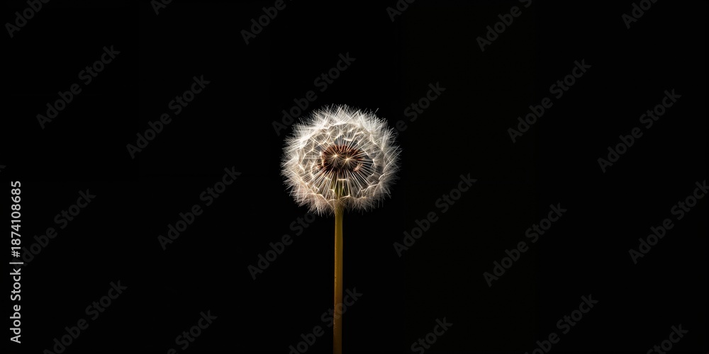 Obraz premium Close-up of a dandelion seed head with fine details against a dark backdrop, ideal for editorial header background, Earth Day