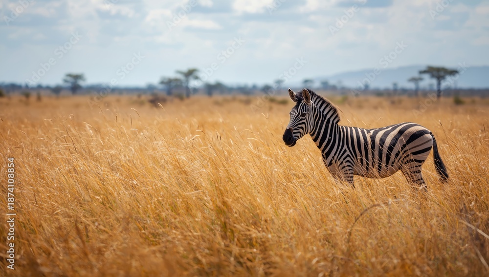 Fototapeta premium Zebra grazing in a grassy field, highlighting natural behavior and habitat, Earth Day