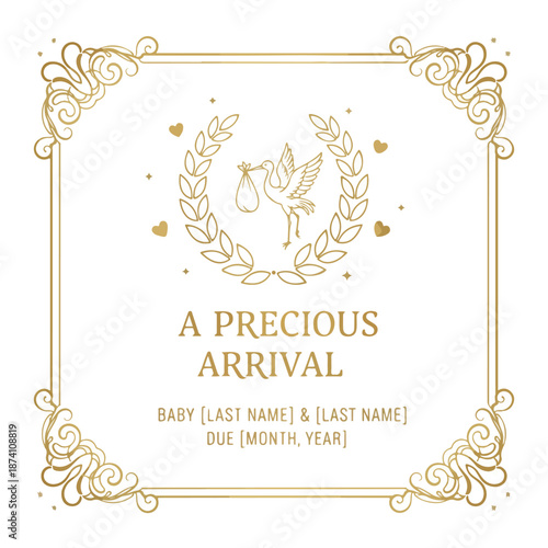 Elegant gold stork announcement for newborn baby arrival