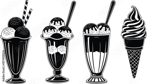 Ice cream desserts vector illustration set with sundaes milkshakes and soft serve cone, black silhouette icons for cafe menu, sweet frozen treats design