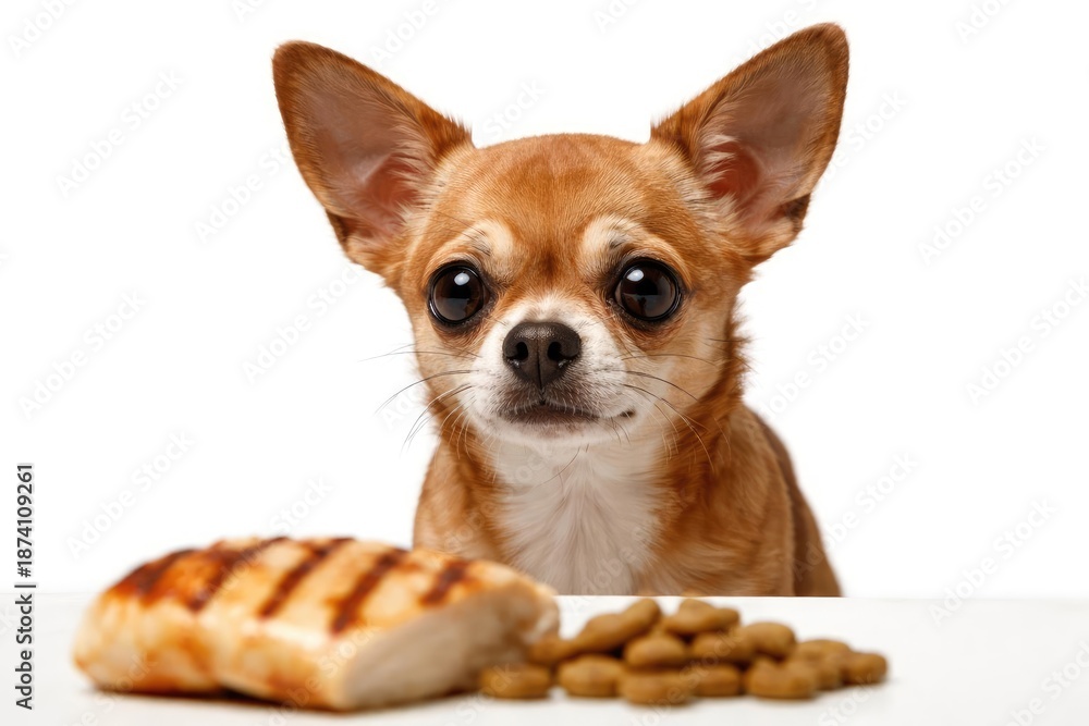 Obraz premium Worried male chihuahua with short brown hair and raised ears watching for food on a white background