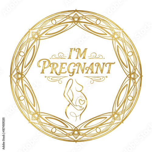Elegant gold pregnancy announcement design with ornate frame