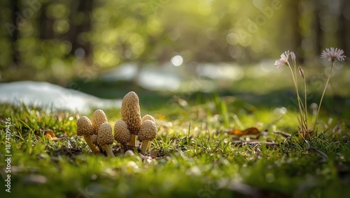 Early spring macro of verpa bohemica mushrooms thriving in a sunlit forest, outdoor activity in natural surroundings, World Mycology Day