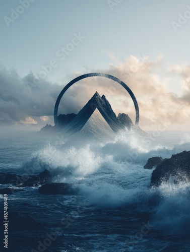 Surreal coastal landscape with mountains and ring under cloudy sky at sunrise