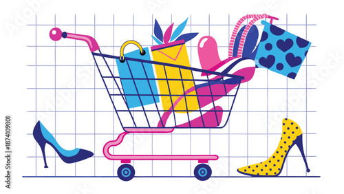 Illustrated book cover featuring various shopping items, including bags, clothes, and accessories, set against a vibrant background..eps