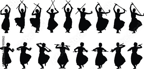 Indian Garba Dandiya Dance Vector Silhouette Set, Female Dancers in Traditional Poses Holding Sticks, Representing Navratri Festival, Culture, and Folk Celebration