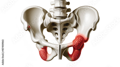 Detailed medical illustration of human pelvic bone structure, highlighting inflamed sacroiliac joints and pubic symphysis, for understanding musculoskeletal pain