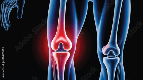 Detailed medical illustration of a human knee joint showing pain and inflammation, highlighting common orthopedic issues like arthritis or injury affecting leg health and mobility