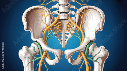 Detailed anatomical illustration of the human pelvis, showing the skeletal structure of the sacrum and lumbar spine, precisely depicting the intricate network of associated nerves