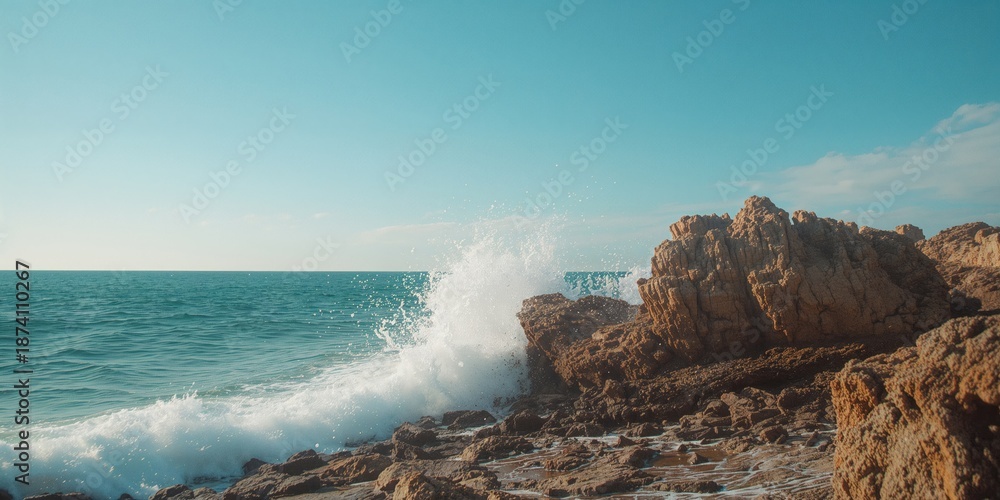 Obraz premium Rocky seascape with crashing waves, natural shoreline dynamics and erosion factors