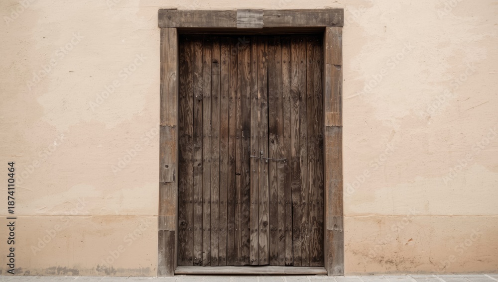 Fototapeta premium Weathered wooden door in a rural village scene emphasizing traditional construction, Erla village, Cinco Villas, Zaragoza, Aragon, Spain