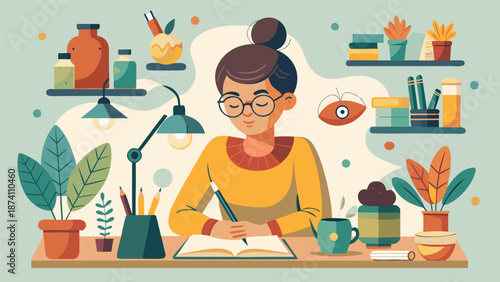 A woman at a desk is surrounded by an assortment of items, including a laptop, notebooks, and decorative objects..eps