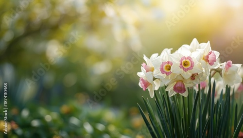 Garden scene with white and pink Double daffodils in full bloom, used as a floral backdrop for editorial design