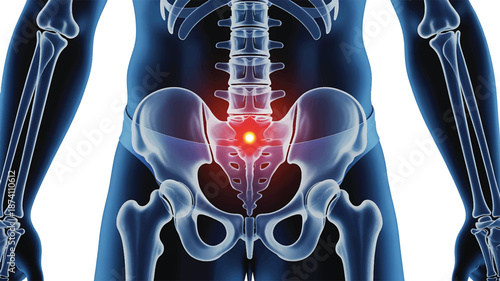 Anatomical illustration of the human pelvis and spine with a highlighted area of pain in the lower back