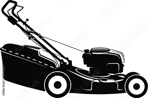 Lawn mower garden equipment vector illustration with push grass cutting machine, black silhouette icon for landscaping, yard maintenance, outdoor home tools design