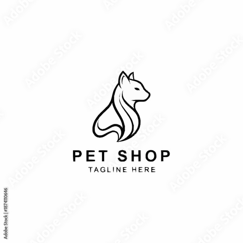 Minimalist black and white line art logo of a cat for a pet shop.