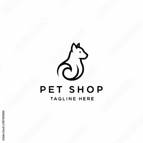 Minimalist black line art logo of a stylized dog or fox for a pet shop.