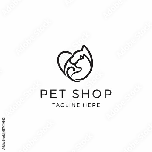 Minimalist line art logo featuring a cat and dog in a heart shape for a pet shop.