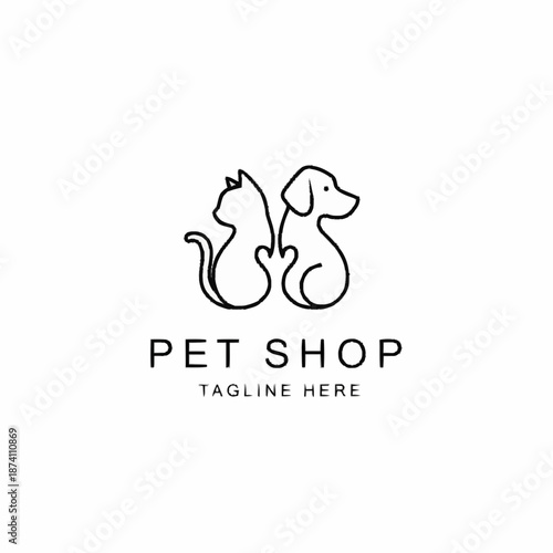 Minimalist line art logo featuring a cat and a dog for a pet shop.