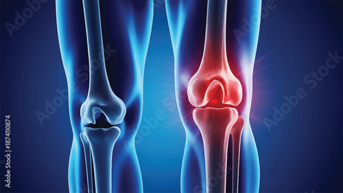Medical illustration depicting two human knees, one healthy and one showing inflamed joint pain, highlighting musculoskeletal issues and potential treatment needs