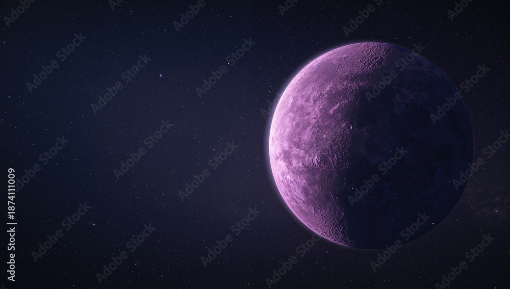 Obraz premium Lunar landscape in purple hues beneath a dark sky, planetary surface for astronomy research