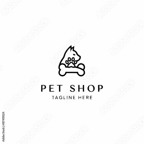 Minimalist Pet Shop Logo with Dog Silhouette and Bone Outline.