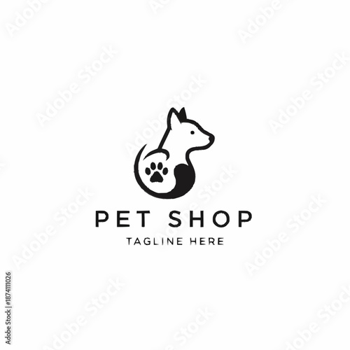 Minimalist Pet Shop Logo with Dog Silhouette and Paw Print.