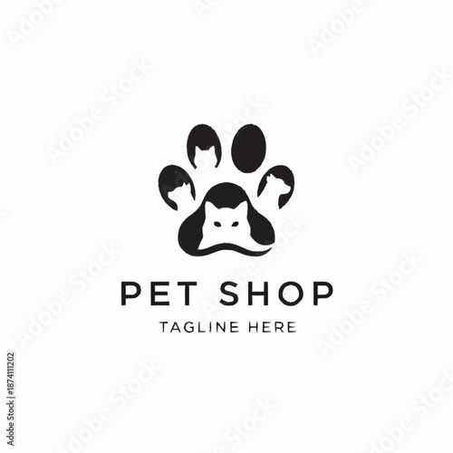 Pet shop logo with paw print and animal faces.