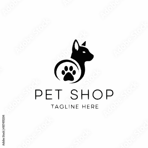 Sleek black cat and paw print logo for pet shop branding.