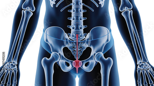 Detailed medical illustration showcasing the human pelvis and coccyx within the skeletal structure, highlighted for anatomical study of the tailbone region and its significance in health